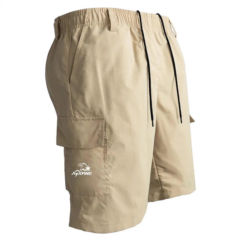 Loose straight casual shorts in polyester fiber featuring micro elasticity and sports style design in black blue green or khaki