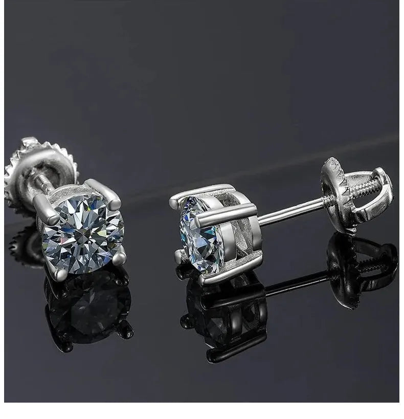 Geometric moissanite stud earrings with four claw screw fastening on silver plating