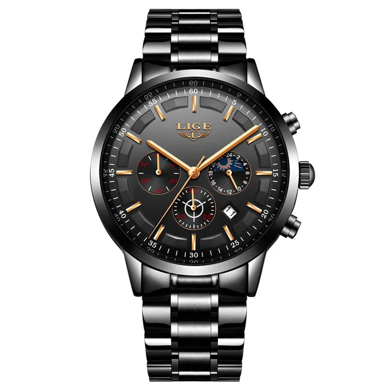 Men's quartz sports watch with Black and Rose Red Gold colour combination showing 12mm thickness