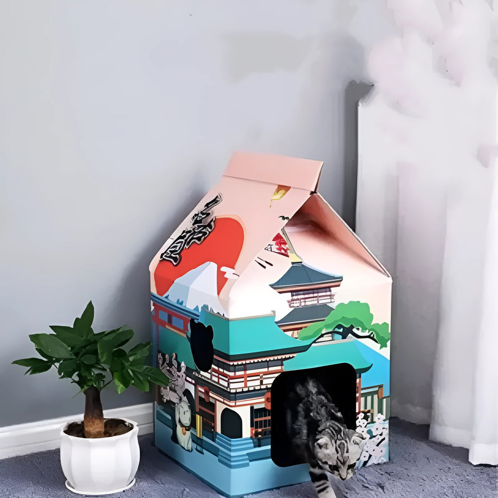 Foldable corrugated paper cat scratching board with Nagoya design, shown as a cat nest.