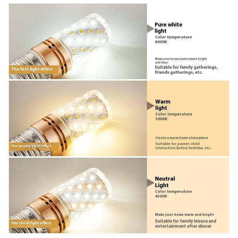 E14 E27 screw LED bulb with three colour modes, rechargeable battery, 5W 7W 9W options, 220V input
