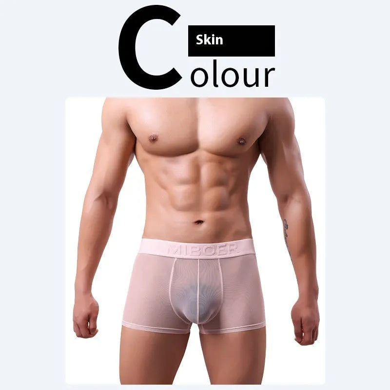 A pair of thin, solid-colour men's boxer shorts made from quick-dry polyester fabric.