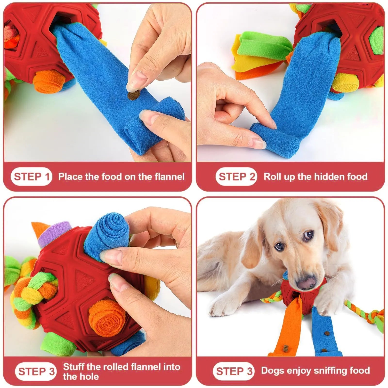 Blue Sniffing Ball dog puzzle toy for IQ training and treat dispensing on a wooden floor