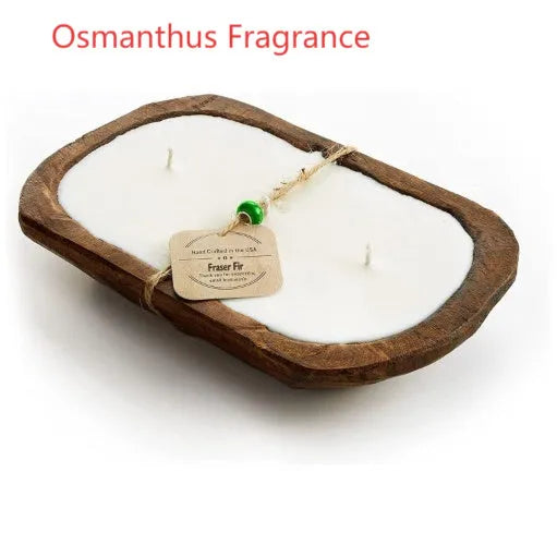 Retro wooden basin containing a lavender-scented soy wax candle with three visible wicks.
