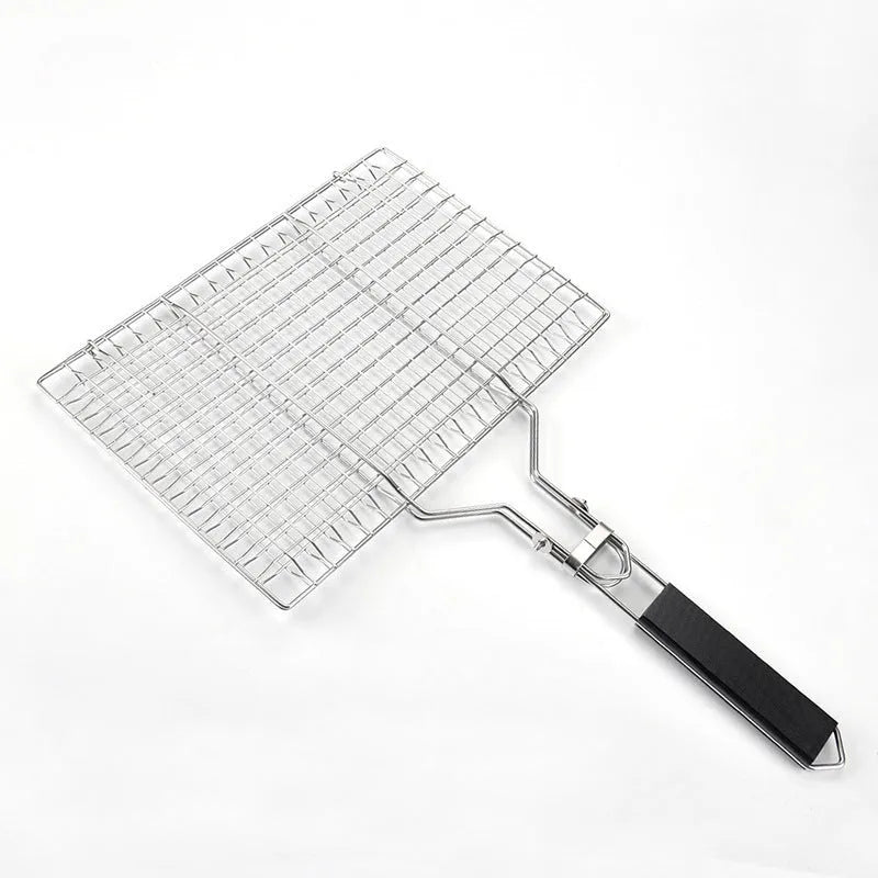 Square stainless steel folding barbecue mesh basket with cleaning brush