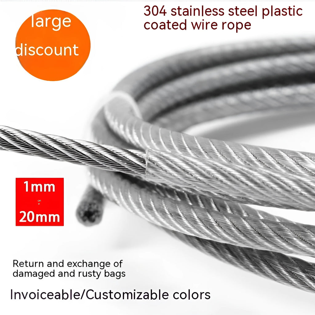 Coil of 304 stainless steel multi-strand security cable on a white background.