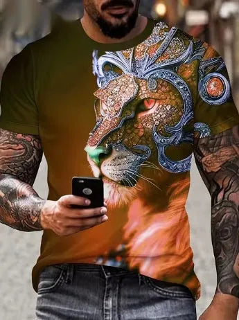Men's black T-shirt featuring a fierce lion face with 3D printed graphic design.