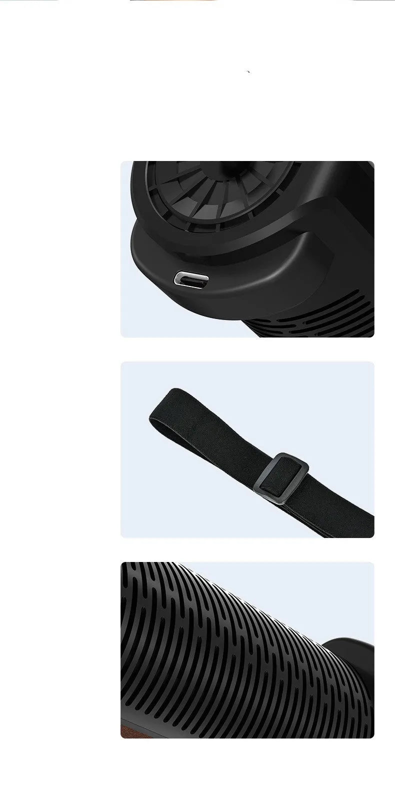 Black USB-powered car fan with three-speed buttons, shown next to a red and brown version.