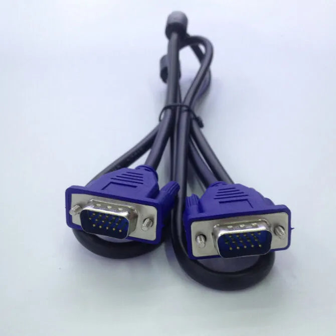 Black VGA cable with blue moulded connectors, 1.5m length for computer monitor connections