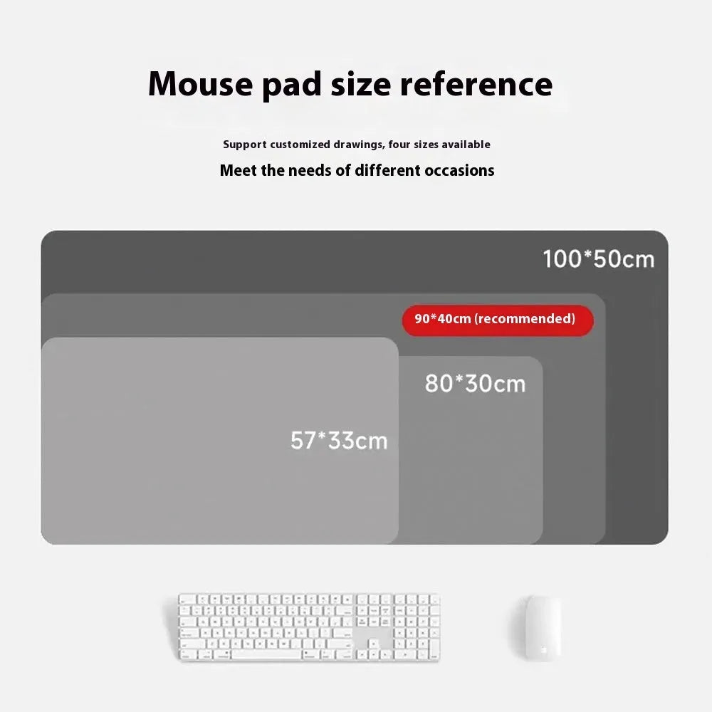 Japanese samurai design cloth gaming mouse pad on a desk, showing non-slip base and multiple size options.