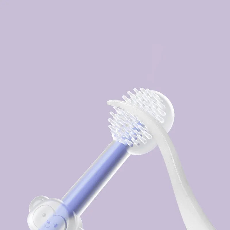 Purple pet toothbrush with flexible silicone head for cleaning cat and dog teeth