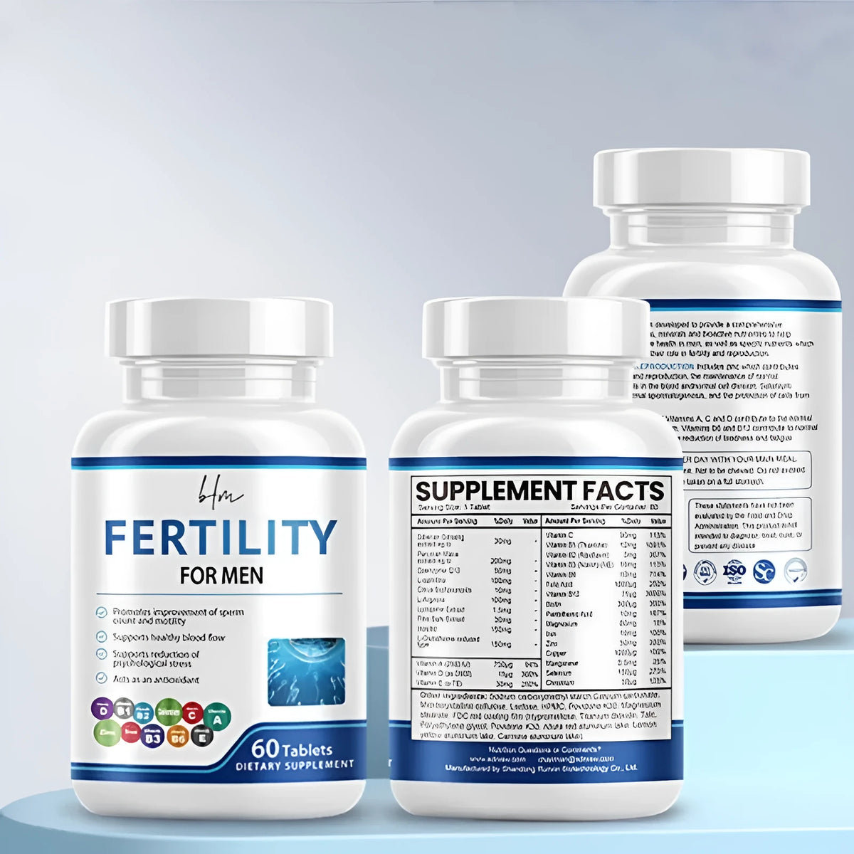 Sealed bottle of 60 male fertility tablets with COMLEX vitamin mineral amino acids label.