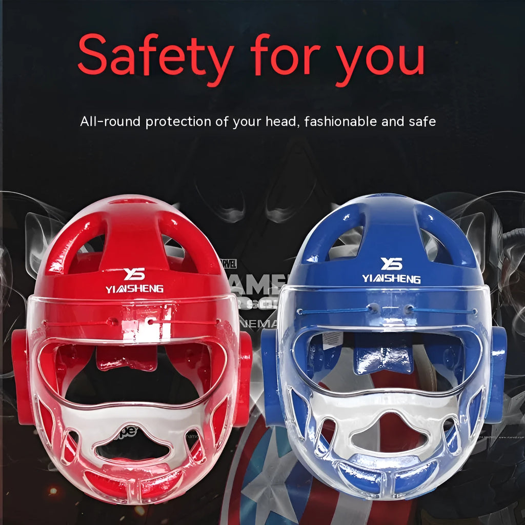 Karate helmet protective equipment for boxing training in white, blue and red colour options