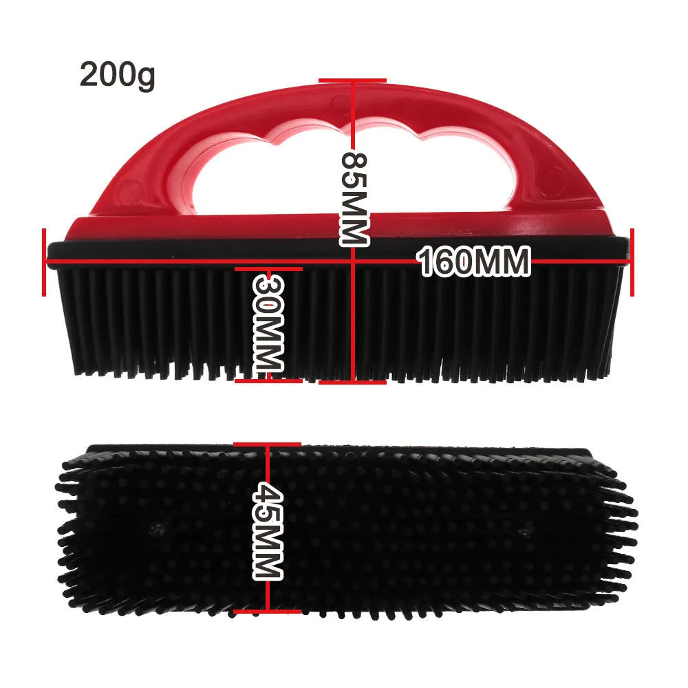 Red pet hair removal brush for dog and cat grooming and carpet cleaning, dimensions 160mm by 85mm.