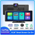 10.26 inch touch screen car dash camera unit with front and rear recording cameras displayed