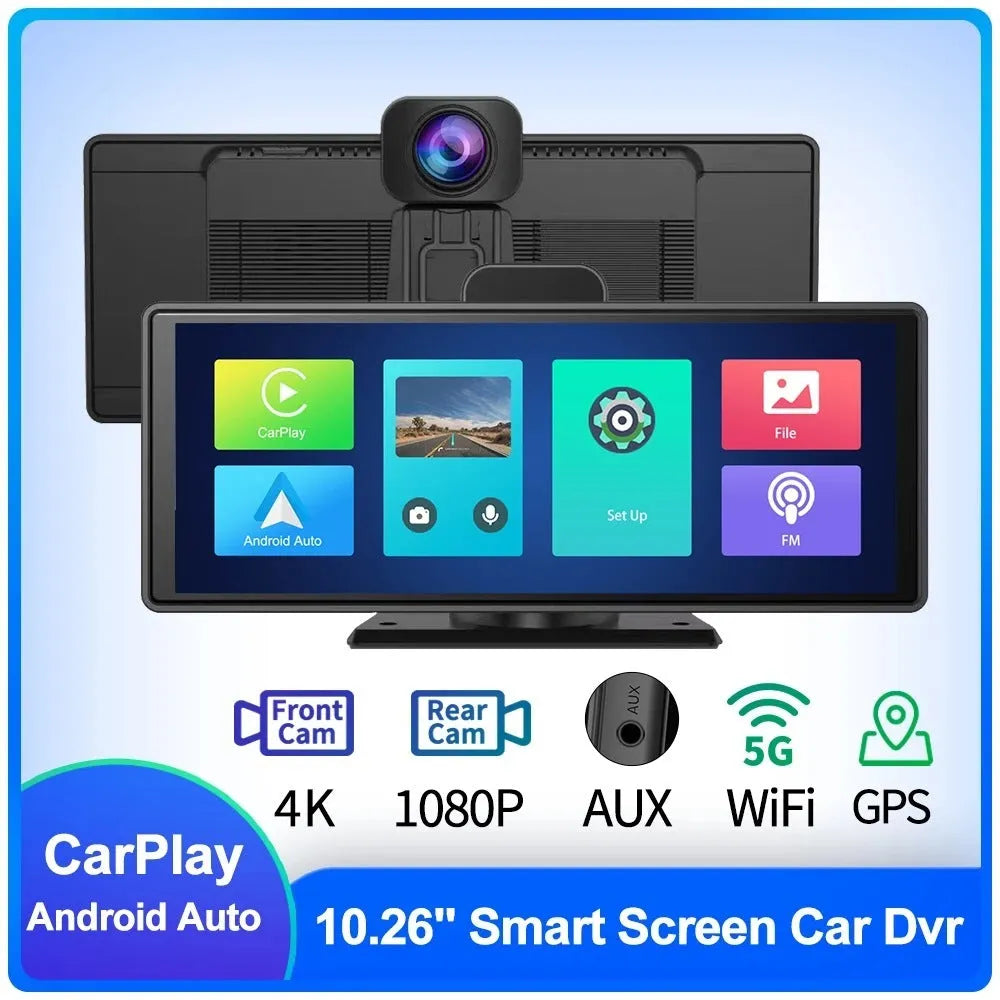 10.26 inch touch screen car dash camera unit with front and rear recording cameras displayed
