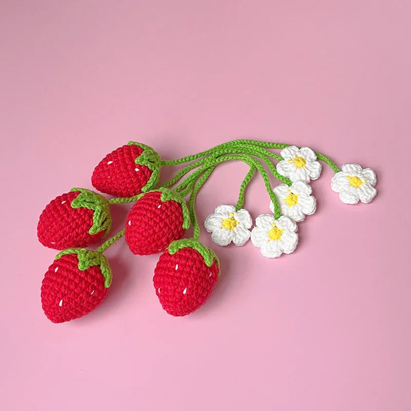 Knitted wool crochet woven strawberry pendant on a long cord, red and pink colour options.