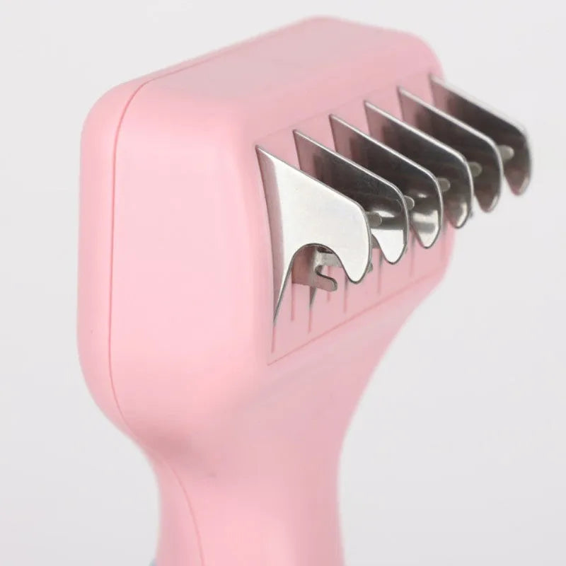 Stainless steel pet grooming comb with knot removal blade and massage tips in pink colour
