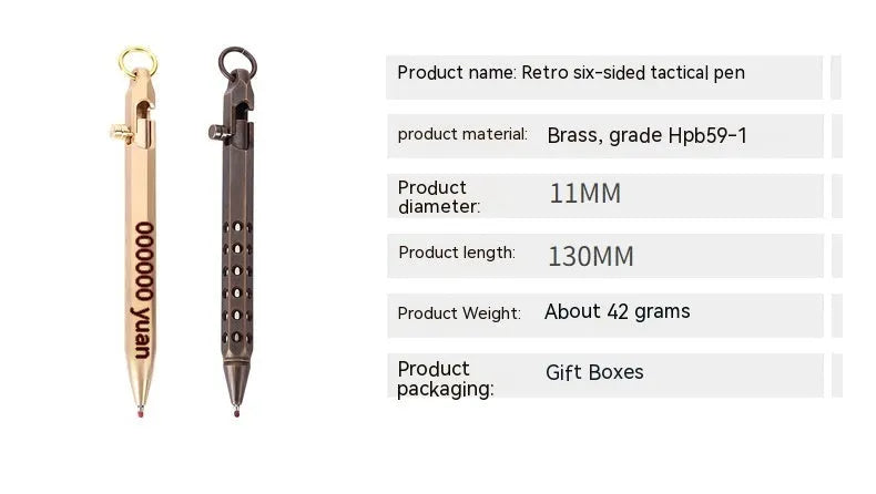 Brass hexagonal bolt pen with 0.5mm fine tip, shown in natural brass finish