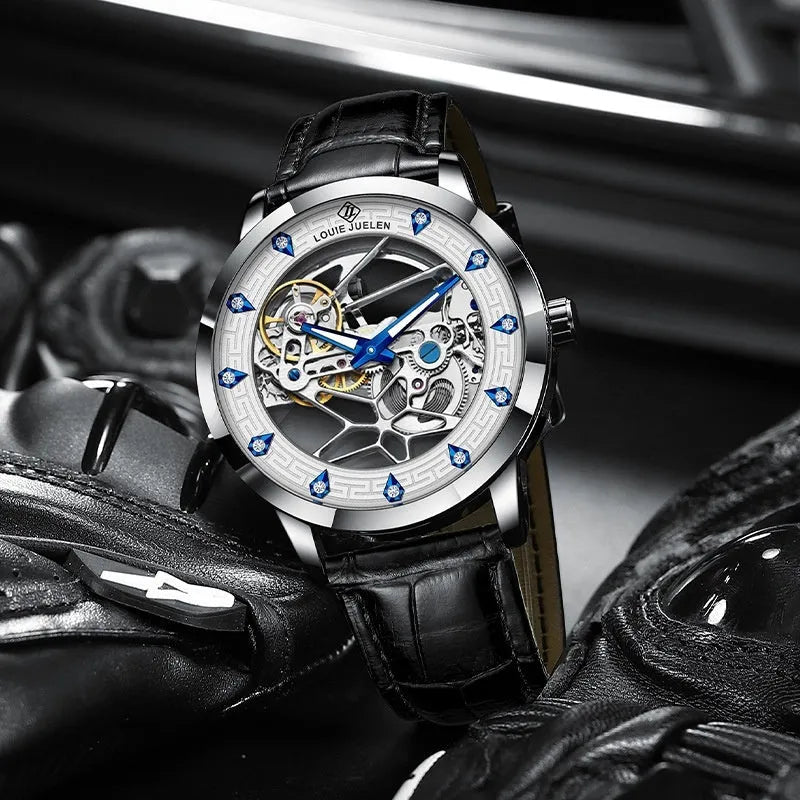 Men's silver mechanical watch with white dial, blue luminous hands, black leather strap, and waterproof construction