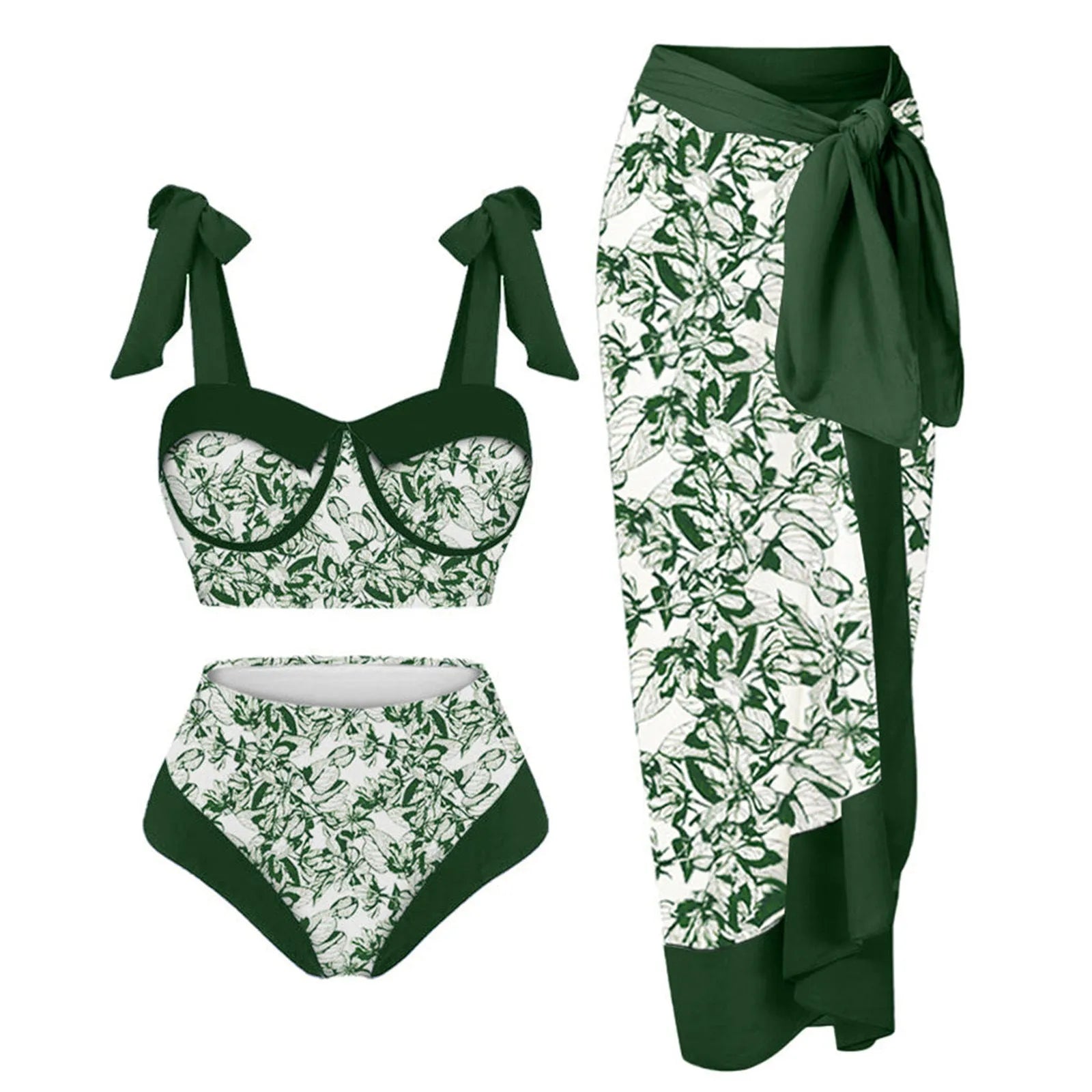 Women's printing split swimsuit three-piece set showing skirt, bra and panties in polyester fabric