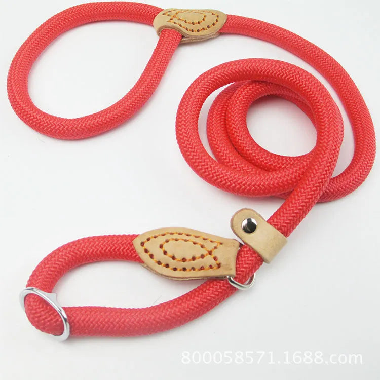 Brown nylon P chain dog leash with hand holding rope measuring 2.1 metres