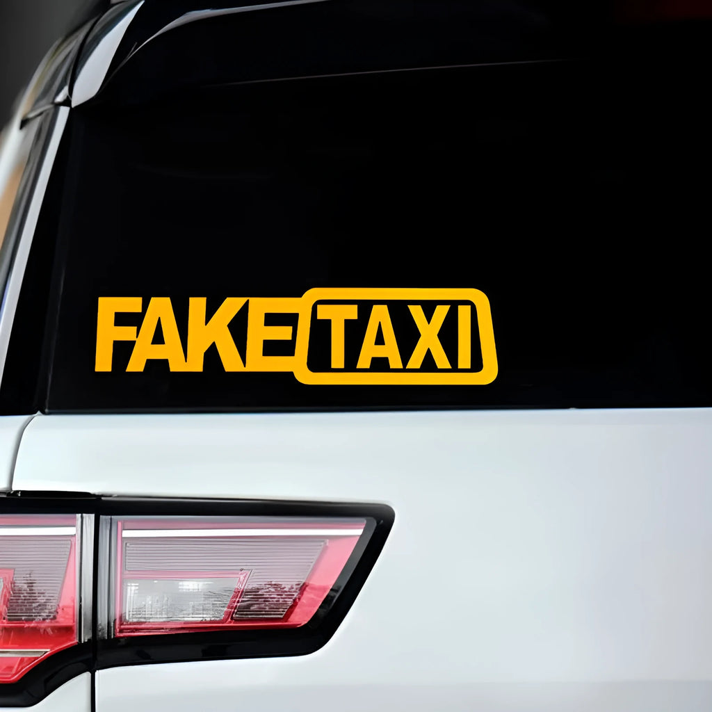FAKE TAXI text on a 20cm by 8cm yellow, black, and white waterproof PET car sticker.