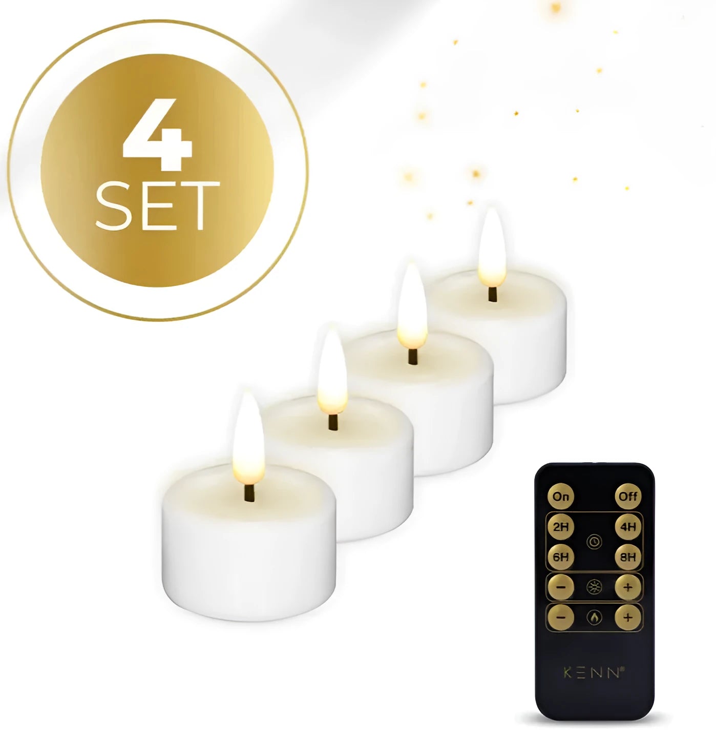 Four white LED tealight candles showing flickering flame effect