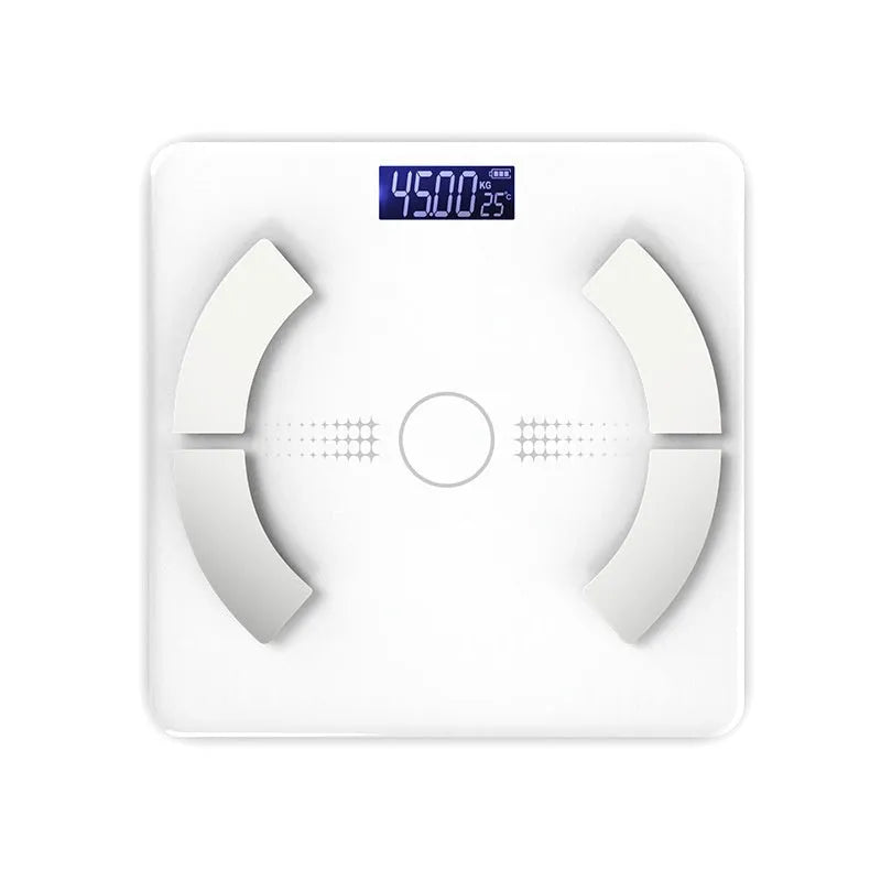 Smart Bluetooth rechargeable body fat scale in white, black or pink colours with USB charging