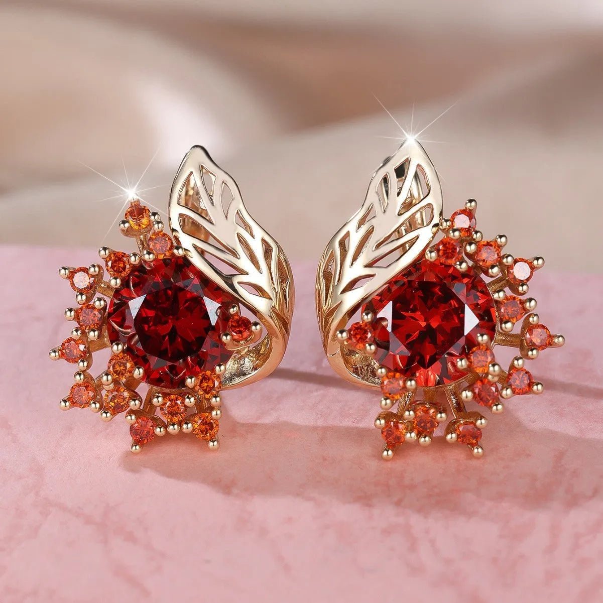 Round flower feather zircon earrings in electroplated champagne gold with coloured diamond options