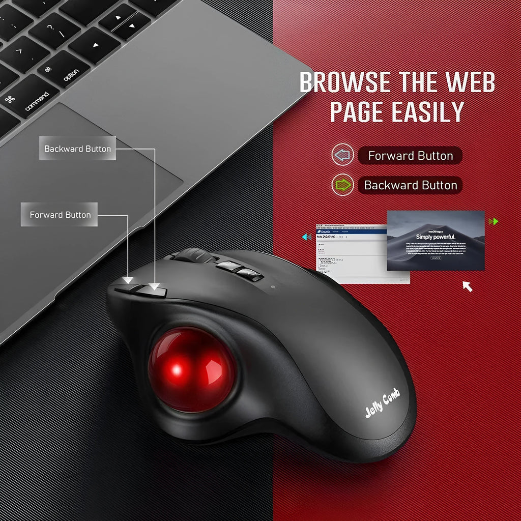 Black wireless trackball mouse, rechargeable 2.4G Bluetooth dual-mode, 13x20x6cm, 2400 optical resolution