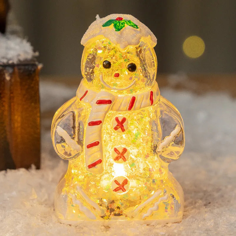 Glowing plastic gingerbread man Christmas ornament with LED light and a red scarf, modern simple style.