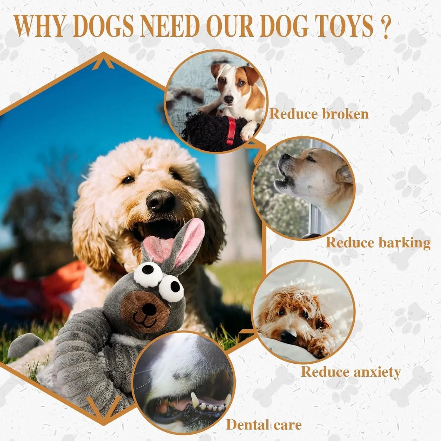 Brown, grey, and yellow plush dog toys with a foldable design for squeaky and crinkle play.