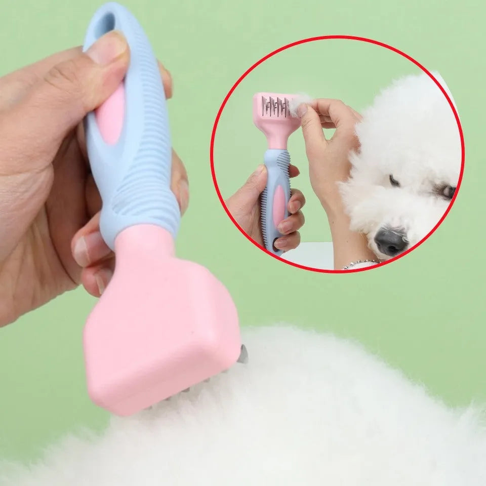 Stainless steel pet grooming comb with knot removal blade and massage tips in pink colour