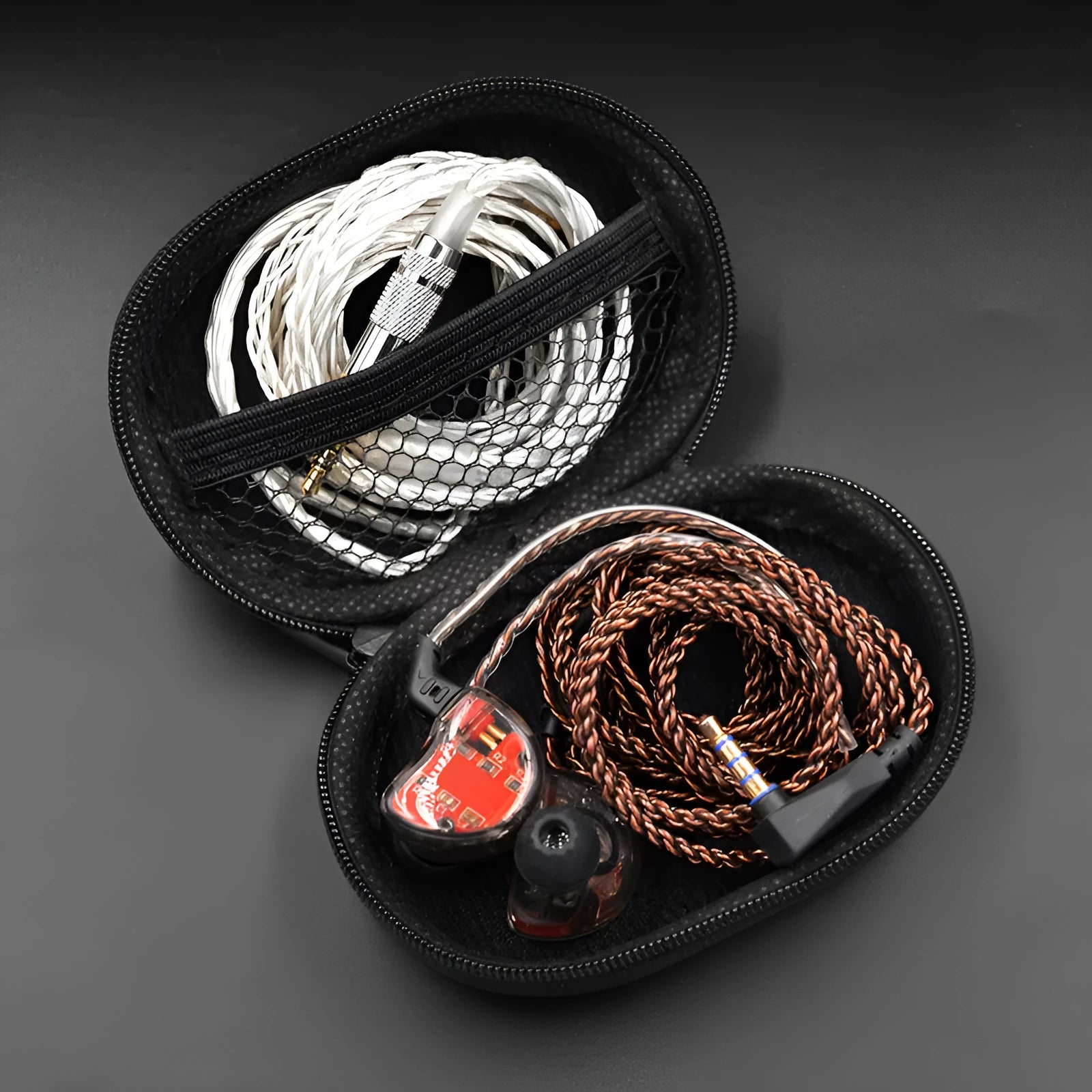 Black oval leather earphone storage bag compatible with EDX PRO and ZEX PRO models