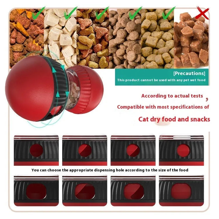Rotating plastic cat toy with food dropping ball and sound elements in super ball colour