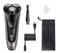 Men's electric shaver and grooming kit with three rotating heads, pop-up trimmer, USB cable, and cleaning brush.