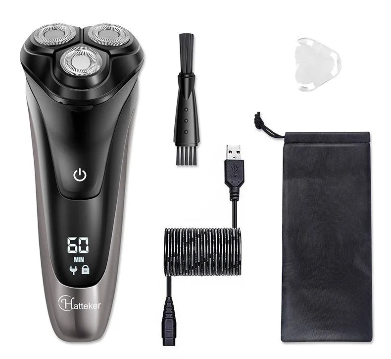 Men's electric shaver and grooming kit with three rotating heads, pop-up trimmer, USB cable, and cleaning brush.
