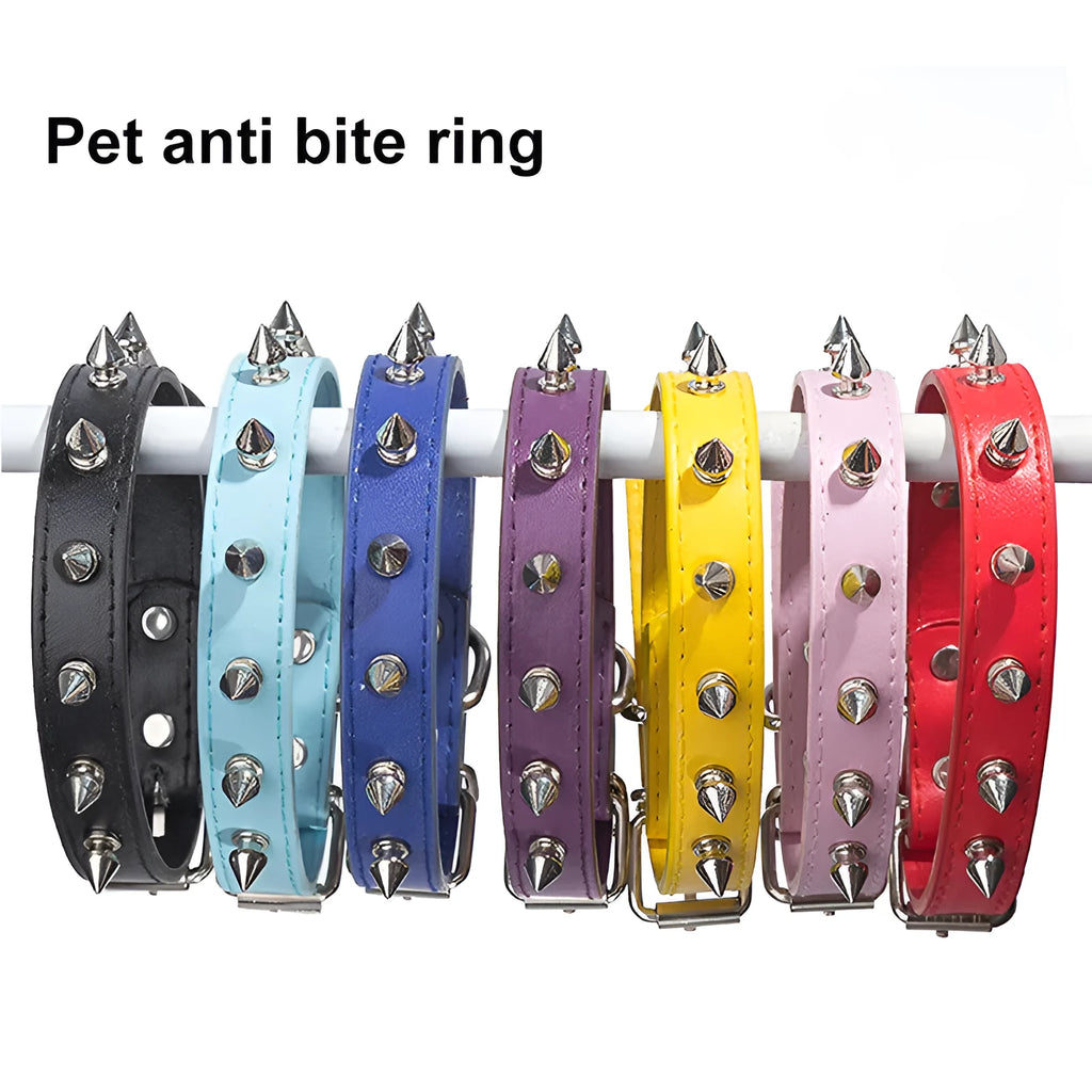 Spiked protective dog collar made of thickened PU leather with metal studs and alloy fastener in multiple colours