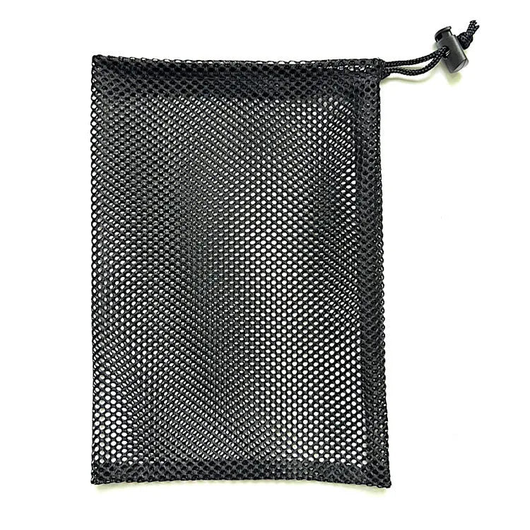 Black mesh drawstring storage bag for children's water balloon toys showing bottomless side design