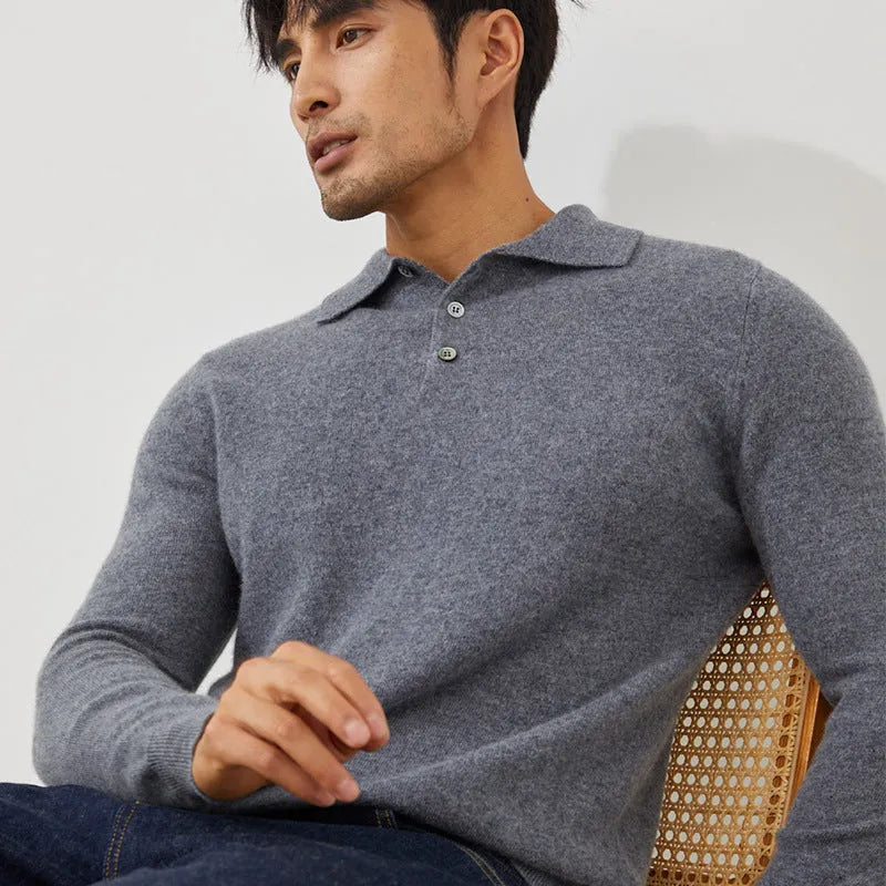 Men's cashmere polo collar pullover sweater in loose fit available in multiple colours