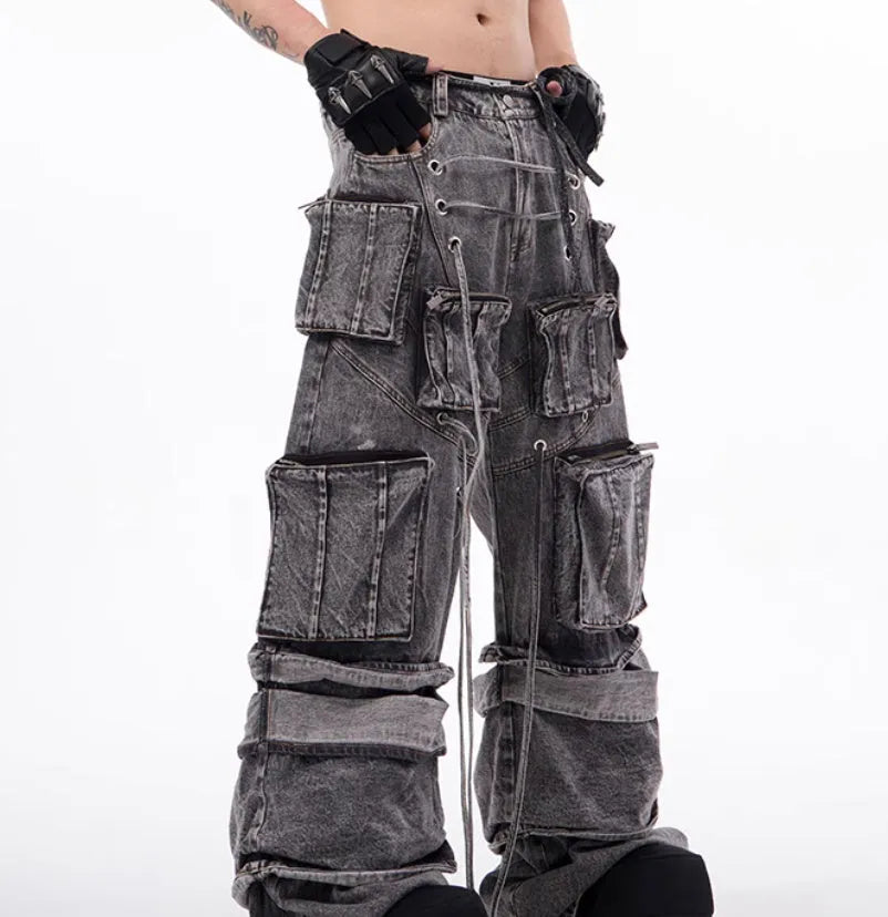 Grey distressed denim mop pants overalls with rope stitching details