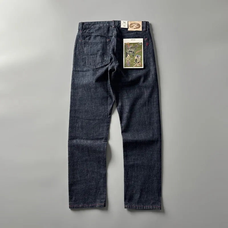 Men's straight leg denim jeans in primary colour with mid-rise waist and classic retro styling