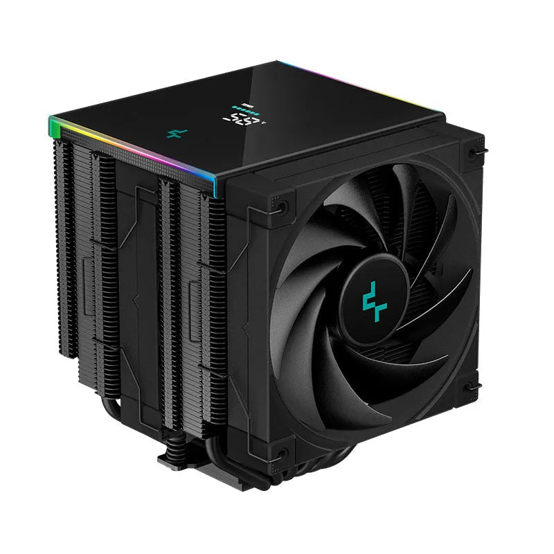 Black twin tower CPU air cooler with digital temperature display and dual fans