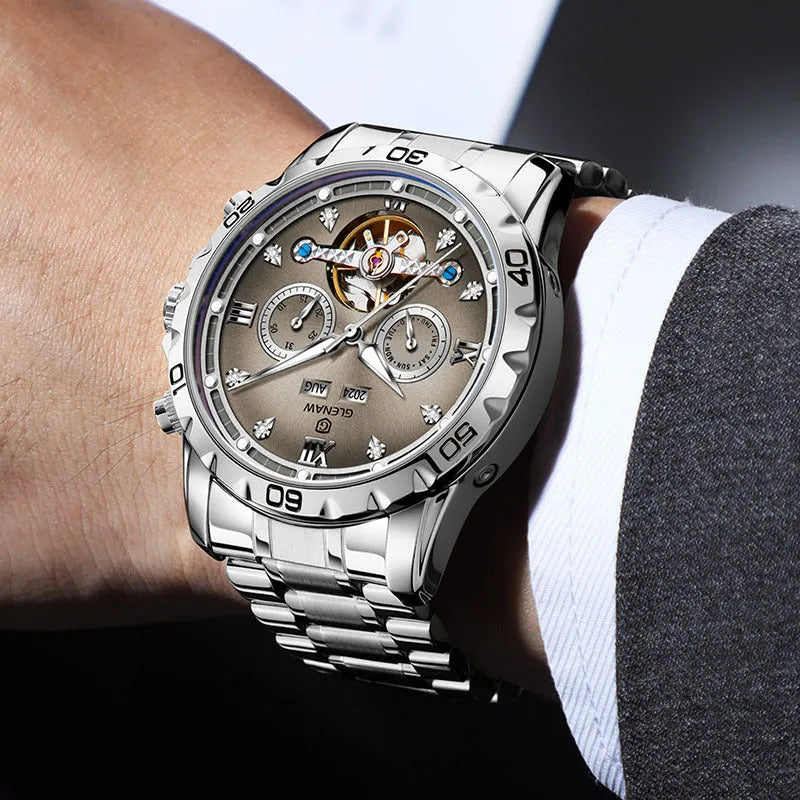 Men's automatic mechanical wristwatch with stainless steel strap in one of six colour options.
