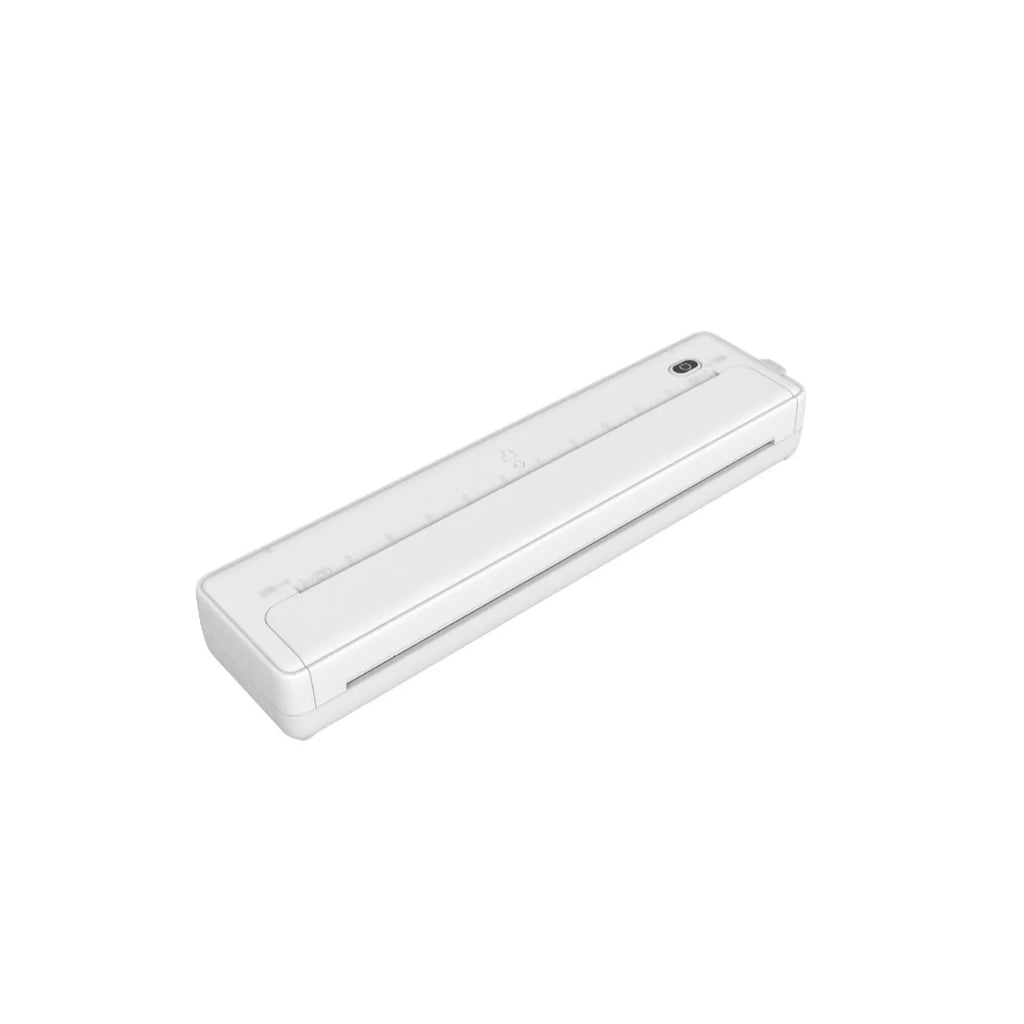 X8 portable A4 Bluetooth printer in black or white, showing compact size next to mobile phone.