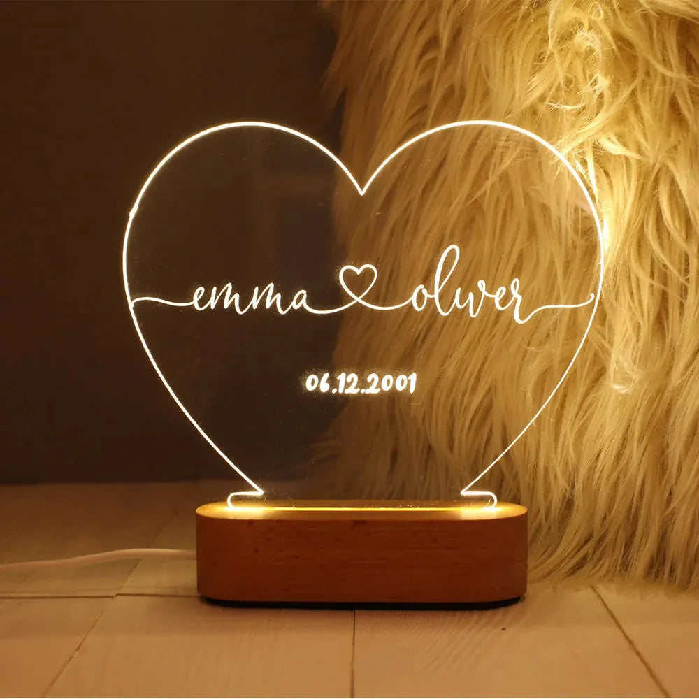 Custom acrylic night light with illuminated names and date for Valentine's gift