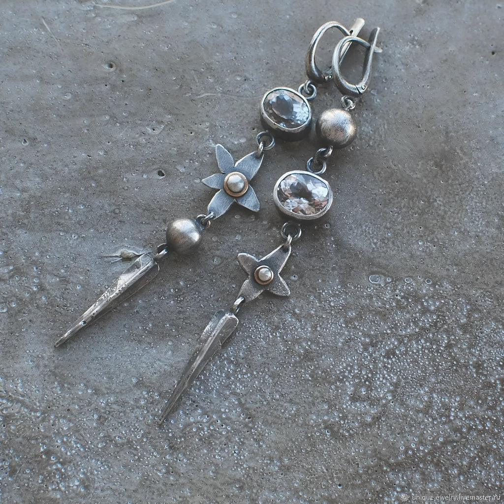 Geometric antique silver long pendant earrings with XINGX design and rhinestone details