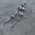 Geometric antique silver long pendant earrings with XINGX design and rhinestone details