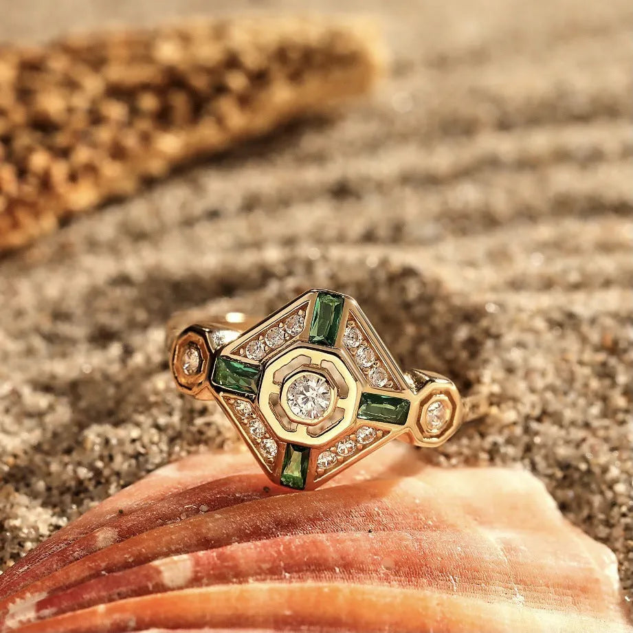 INS style emerald diamond ring with geometric square design in lvzuan colour on women's hand